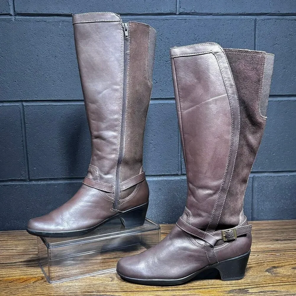 Clarks Bendables Knee High Riding Boots Women’s 8 Brown Leather Wide Calf Zip